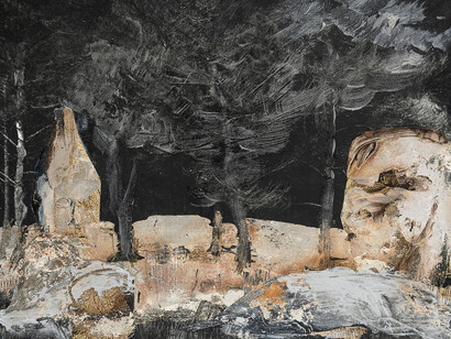 Pato Bosich, A Clearing In the Woods, 2018, oil paint, silver leaf, adhesive on printed paper,  18cm x 23cm