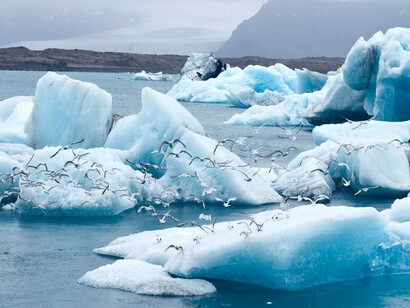 Ice and snow along a sea coast, highlighting the effects of global warming and rapidly melting ice