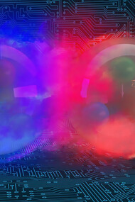 An image of a deuteron, the bound state of a proton (red) and a neutron (blue)