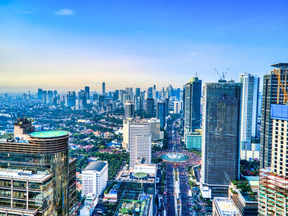 The skyline of Jakarta, Indonesia, which reflects the nation's infrastructure development and shows how it is strikingly similar to any developed country in the Global North 