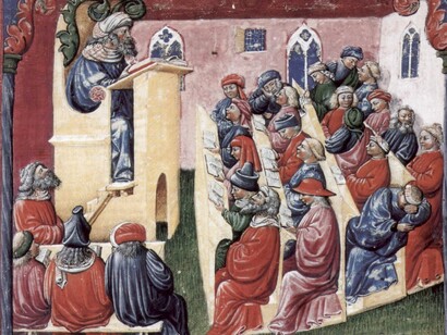 Laurentius de Voltolina, "Liber ethicorum des Henricus de Alemannia". Henricus de Alemannia con i suoi studenti. Miniatura, Kupferstichkabinett Berlin, Germania