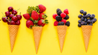 Close-up of ice cream cones with natural ingredients