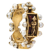 Renaissance Enamel Ring, France-Flanders, Burgundy, mid-15th century, Gold, pearls, ronde-bosse, and red enamel, Griffin Collection. Photograph by Richard Goodbody