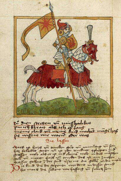 "Il pianeta Marte come un cavaliere in armatura a cavallo". dopo 1464. Miscellanea: Descrizione anatomo-fisiologica degli uomini; Liber Synonimorum; Descrizioni di pianeti, zodiaci e comete; Trattati sulla divinazione dai nomi. Artista/artefice sconosciuto; Michael Haintzmann di Babenhausen (tedesco). Getty Museum, Los Angeles, USA