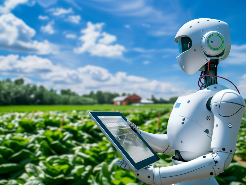 Robot working in the fields under a clear blue sky, enhancing agricultural efficiency