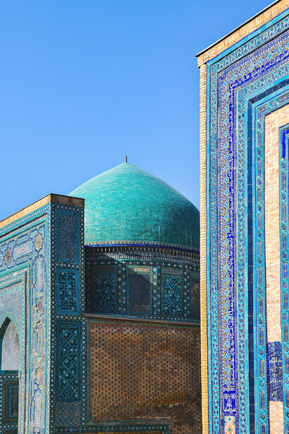 The Shah-i-Zinda complex in Samarkand, Uzbekistan, featuring stunning mosaic-tiled mausoleums