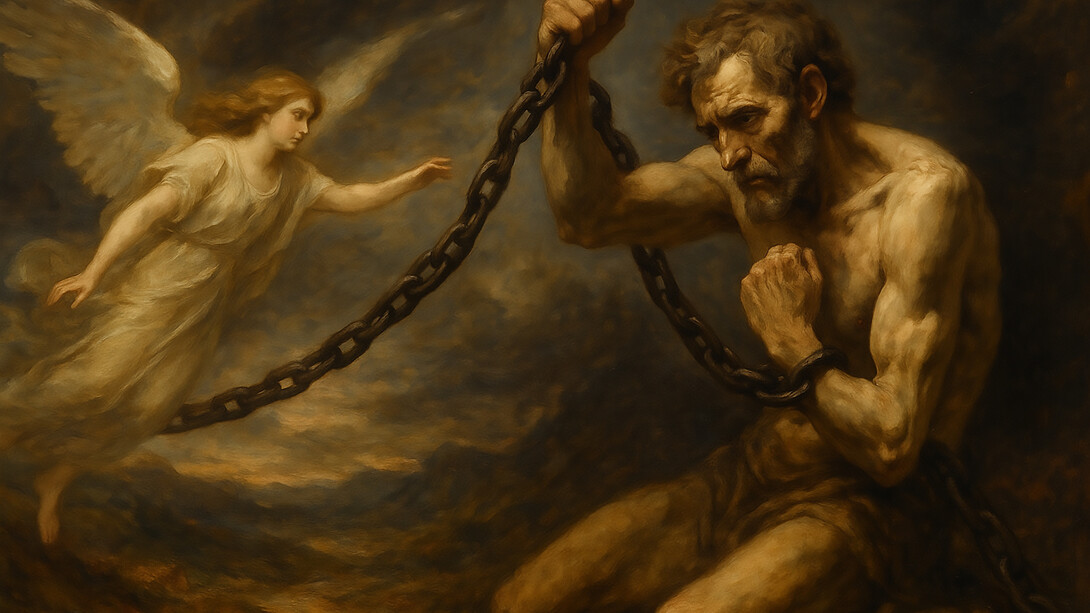 A symbolic artwork of the human struggle with chains of desire and fear, reaching toward transcendence and the fragile possibility of freedom