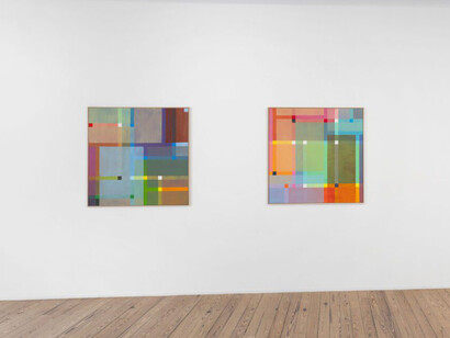 Beat Zoderer, Haiku. Three layered concrete watercolors, exhibition view. Courtesy of Galerie Lange + Pult