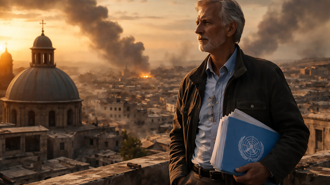 A solitary witness between faith and fire, carrying the weight of conscience in a world shaped by war