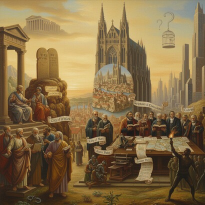 An intricate scene connecting ancient philosophy, divine covenant, medieval faith, and the rise of the nation-state, all centered around a tree of historical evolution