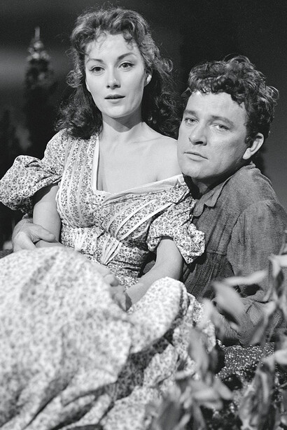 Rosemary Harris, who starred as Catherine Earnshaw, sitting in Richard Burton’s lap in the 1958 adaptation of Wuthering Heights
