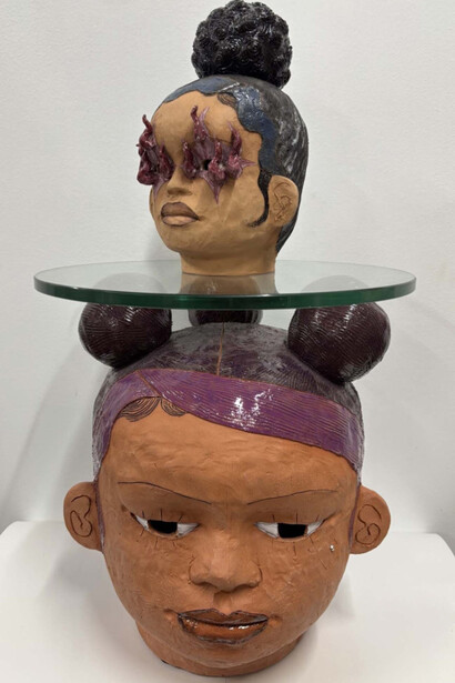 Sydnie Jimenez, Purple hair head table, 2025. Courtesy of Mindy Solomon Gallery