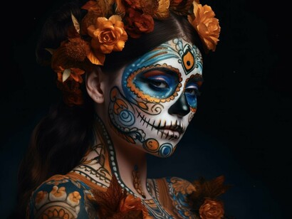 A woman sporting traditional face paint on the Day of the Dead, representing the vibrant Mexican culture