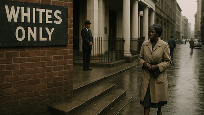 A Black woman walks solemnly past a "Whites Only" sign in apartheid-era South Africa, a stark reminder of the daily realities of racial segregation and systemic oppression