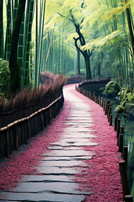 Serene tranquility of a lush green forest, where a winding path invites contemplative walks amidst the enchanting beauty of nature