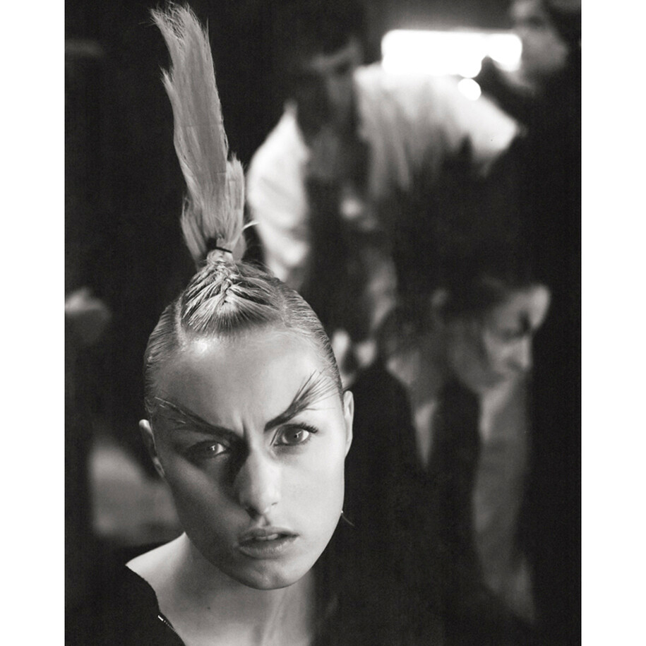 Cali Rand pauses backstage at the SS show The Hunger, Natural History Museum, 1996; Image Courtesy of Proud Galleries © Gary Wallis