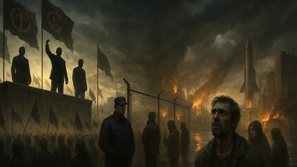 A dystopian vision of end-times fascism, where elites retreat into bunkers as authoritarian rallies rise and the vulnerable are left outside amid ecological collapse