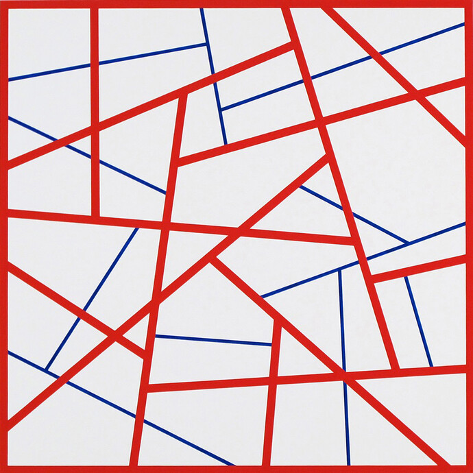 Cary Smith, Straight Lines #13 (red-blue), 2014, oil on linen, 22 x 22 inches