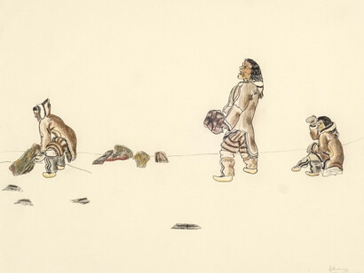 Johnny Pootoogook, Building a goose blind, c. 1998. Courtesy of Feheley Fine Arts