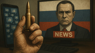A powerful visual metaphor for modern propaganda: disinformation as the new bullet, weaponized through media, politics, and digital influence
