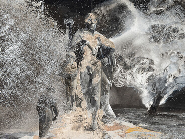 Pato Bosich, The Return of the Hero, 2019, oil, silver leaf, adhesive on printed paper, 16 x 22 cm