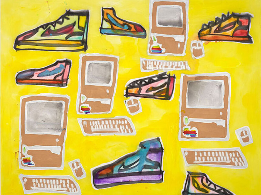 Katherine Bernhardt, Apple Computers and Sneakers, 2014, acrylic and