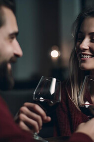 A young couple savoring wine and each other's company in a cozy indoor setting