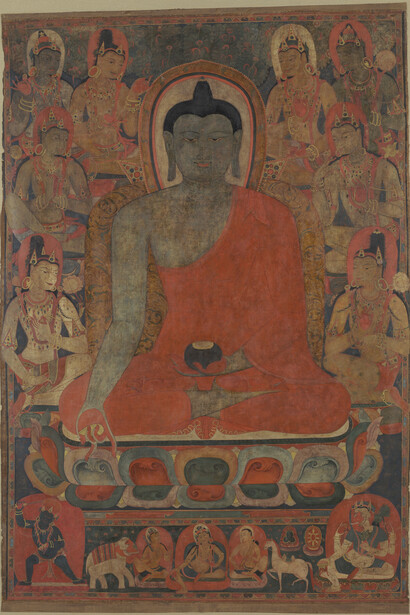 Medicine Buddha Bhaiṣajyaguru with eight, bodhisattvas, Tibet; 12th century, Pigment and gold on cotton, Private Collection