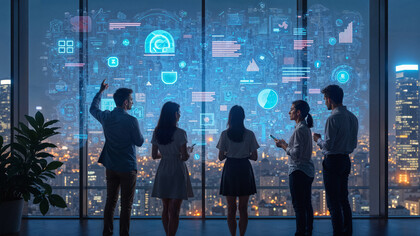 A team collaborating around a futuristic digital interface in a modern office