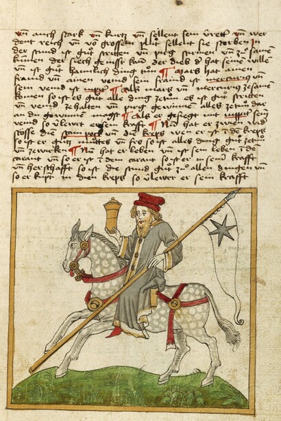 "Il pianeta Mercurio come medico a cavallo", dopo 1464. Miscellanea: Descrizione anatomo-fisiologica degli uomini; Liber Synonimorum; Descrizioni di pianeti, zodiaci e comete; Trattati sulla divinazione dai nomi. Artista/artefice sconosciuto; Michael Haintzmann di Babenhausen (tedesco). Getty Museum, Los Angeles, USA