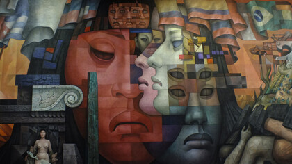"Y no hay leyenda como esta leyenda de América extendida en sus infiernos", parte del poema que el poeta chileno Pablo Neruda dedicó al mural "Presencia de América Latina" del muralista Jorge González Camarenal (1908-1980) pintado entre los años 1964 y 1965. Casa del Arte (Pinacoteca) de la Universidad de Concepción, Chile