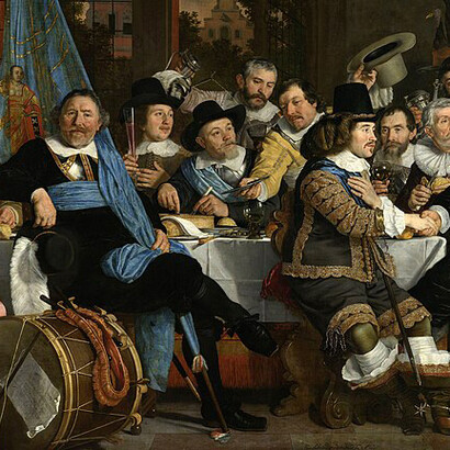 Bartholomeus van der Helst (1613–1670) painted Banquet at the Crossbowmen’s Guild in Celebration of the Treaty of Münster, capturing a celebratory event marking the peace treaty between Spain and the Dutch Republic in 1648. This painting highlights the social and political significance of the treaty, showcasing the unity and festivity among the guild members after the signing of the Treaty of Münster, which was a key moment in the Peace of Westphalia, ending the Eighty Years' War