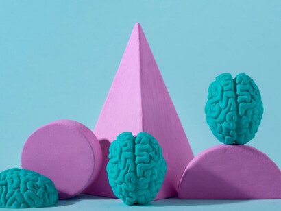 Geometric figure and brains in different angles show how the capacity to create is a constant challenge in an AI era