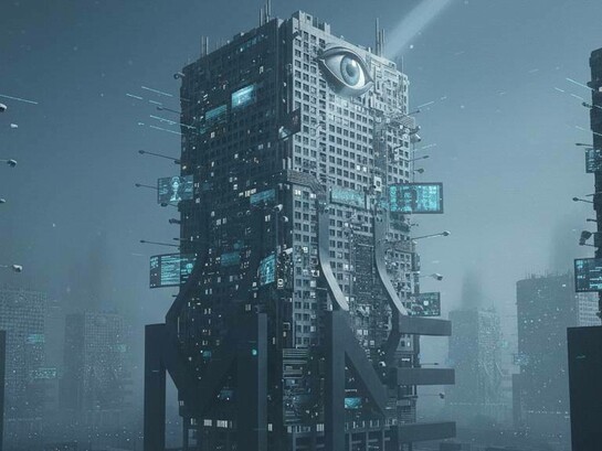 Edificio futuristico con un occhio gigante: questa immagine evoca la distopia dello Stato della sorveglianza e il controllo pervasivo che può essere associato al concetto di Stato condominiale, dove le istituzioni sono controllate dalle multinazionali e si praticano strategie al di fuori del contesto legale