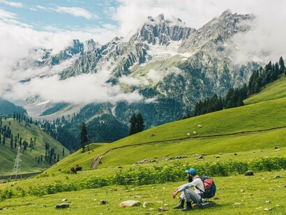 Lush green meadows stretch across the landscape, framed by trees and snow-capped mountains in Kashmir, India
