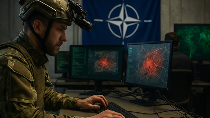 A NATO cyber defense officer monitors digital threats during a simulated hybrid warfare scenario, reflecting the Alliance’s frontline role against cyberattacks and disinformation