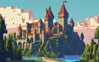 A pixel art video game featuring a medieval castle