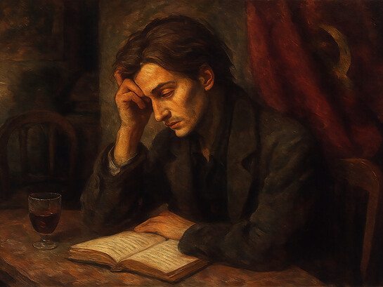 A solitary poet sits lost in thought, his face lit by a soft, amber glow — a quiet reflection of Milan Kundera’s vision of the novel as a search for understanding rather than virtue