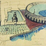 Aldo Rossi, Studio per Mantova, 1981 china, pennarello acquerellato su carta Raccolta del disegno, Galleria civica di Modena © Eredi Aldo Rossi