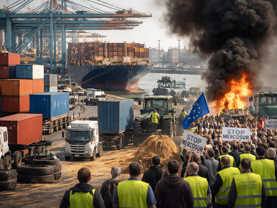 Crowds of farmers gather near a major shipping port as cargo vessels and stacked containers loom in the background, reflecting the growing tensions between global trade expansion and domestic agricultural concerns