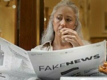 Mulher lê fake news. A mentira política, portanto, não esconde apenas fatos, mas fabrica crenças, gera identificações afetivas e produz realidades simbólicas. Logo, pode-se pensar em um sistema articulado que vê o outro de forma de forma simbólica. Isto molda a percepção do indivíduo e move suas ações. Isso leva os grupos sociais a diversos conflitos, debates acalorados até alianças e parcerias dentro do debate político.  Outro ponto relevante é reconhecer que nem toda mentira opera da mesma forma