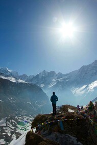People hiking in the Himalaya Mountains near Annapurna, Koshi Province, Nepal