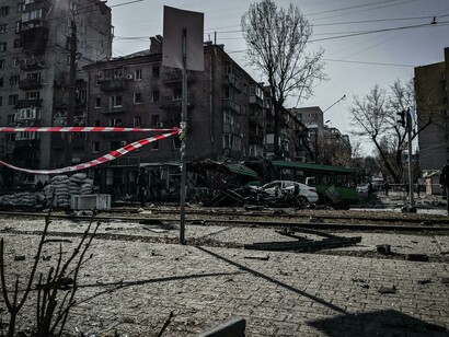 A bus stop destroyed after a bomb explosion Kiev, Ukraine