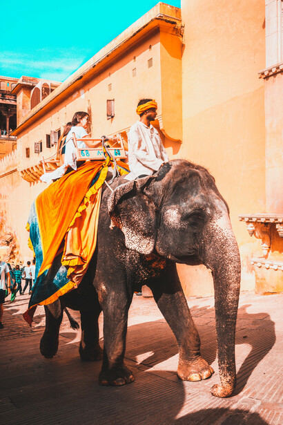 A man and woman riding an elephant in Jaipur, Rajasthan, India, with a colorful building in the background