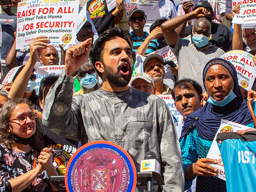 Assemblyman Zohran Mamdani at the Taxi Workers Alliance rally outside City Hall, during the New York mayoral election and ongoing New York City politics