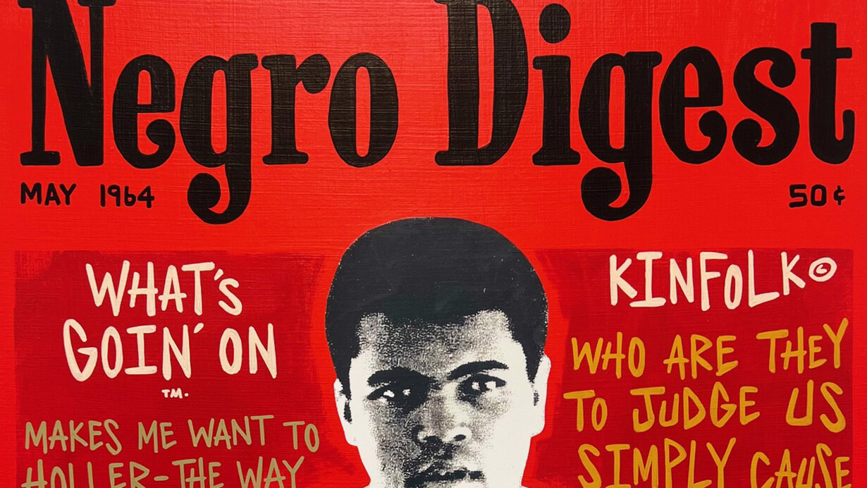 Milton Bowens, Negro digest- Ali - What’s goin’ on (detail), 2026. Courtesy of The Camp Gallery