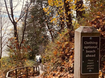 A sign: at Wreck Beach, clothing is optional 