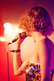 Una cantante se presenta en concierto. El vestuario, maquillaje y peluquería forman un conjunto esencial para transmitir el mensaje