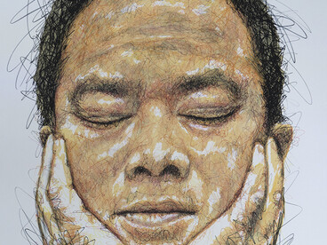 Lithographie d'Iwazaru. Cet autoportrait, publié en 2019, fait partie d'une trilogie (Iwasaru, Kikazaru, Misaru), symbole d'origine est-asiatique qui évoque la sagesse