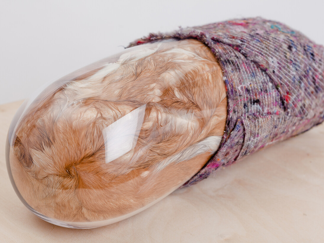 Adeline de Monseignat, Mother in Child, 2012, Vintage Fur, pillow filler, glass, transit blanket, steel, wood, mirror, Courtesy the artist and Ronchini Gallery